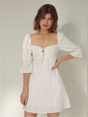 Aritzia Wilfred Linen Stanza White Lace-Up Square Neck Mini Puff Sleeve Dress